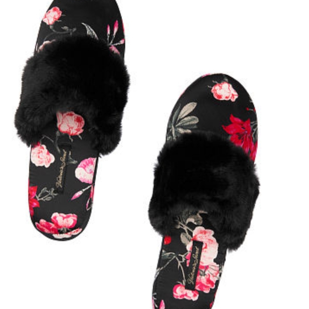 Black floral Victoria's secret slippers with dust